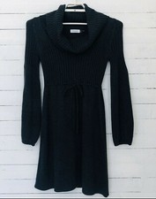 Calvin Klein Sweater Dress Medium Long Sleeve Charcoal Cowl Neck Tie Waist
