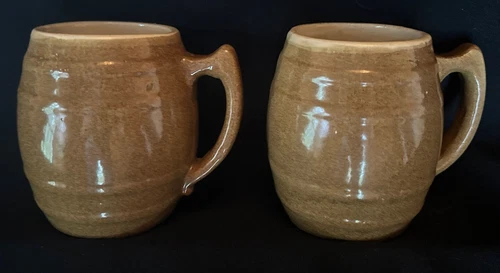 Pair UHL Pottery Co. Beige Barrel Mugs 16  Coffee Antique Huntingburg