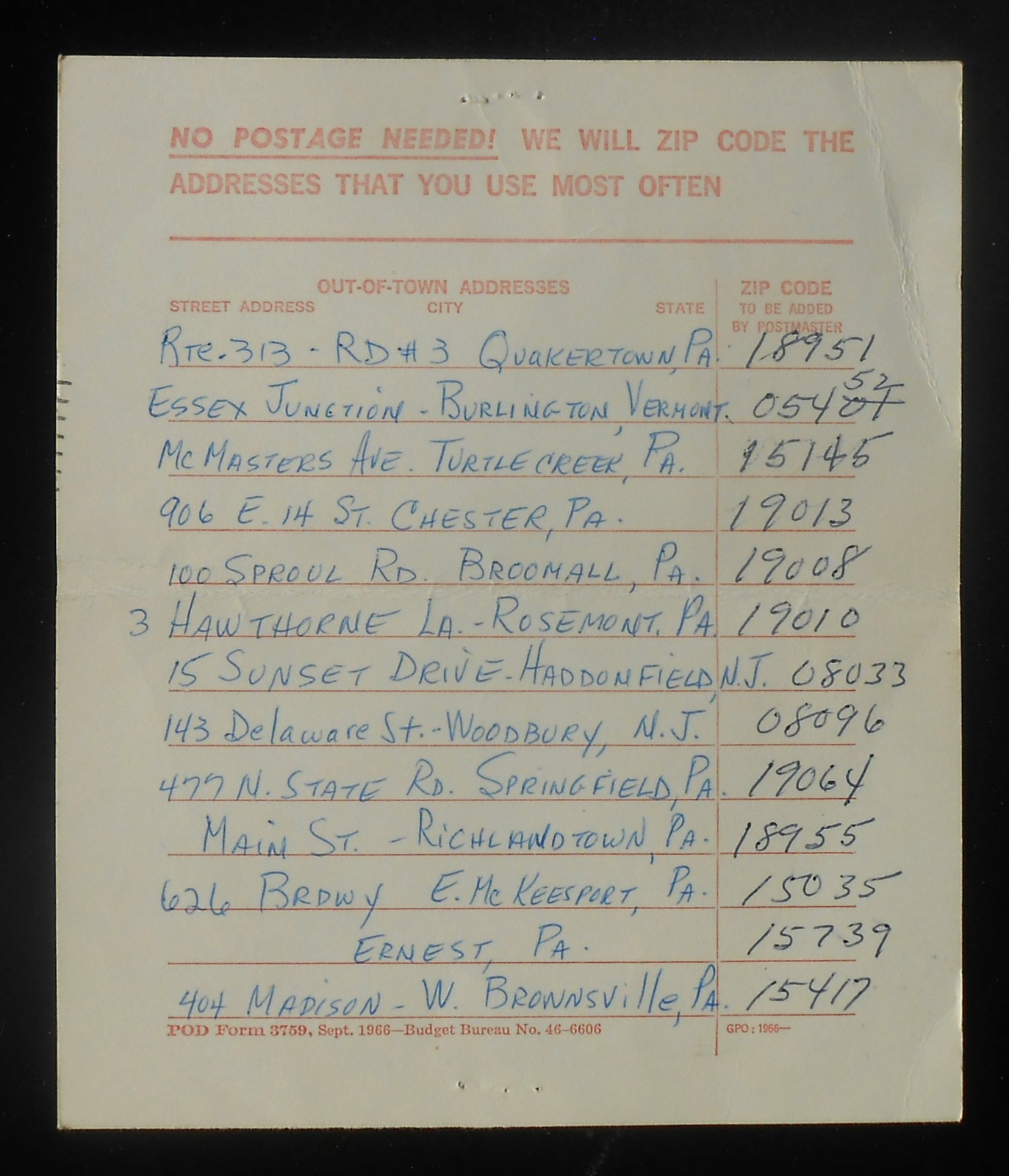 1966 POSTAL HISTORY Post Office Zip Code Lookup Service Densmore Upper