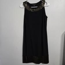 S#61 Tiana B Black Gold Embellished Neckline & Hem Sleeveless Sheath Dress Sz S