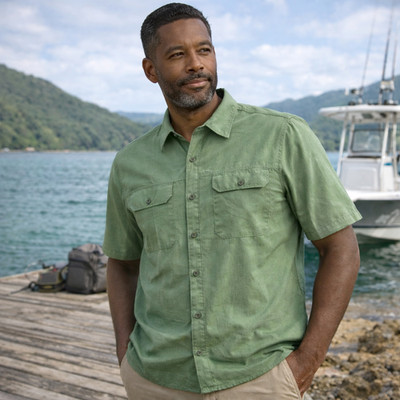 Orvis Shirt Mens Large Green Short Sleeve Tech Fishing Button Up Double Pockets