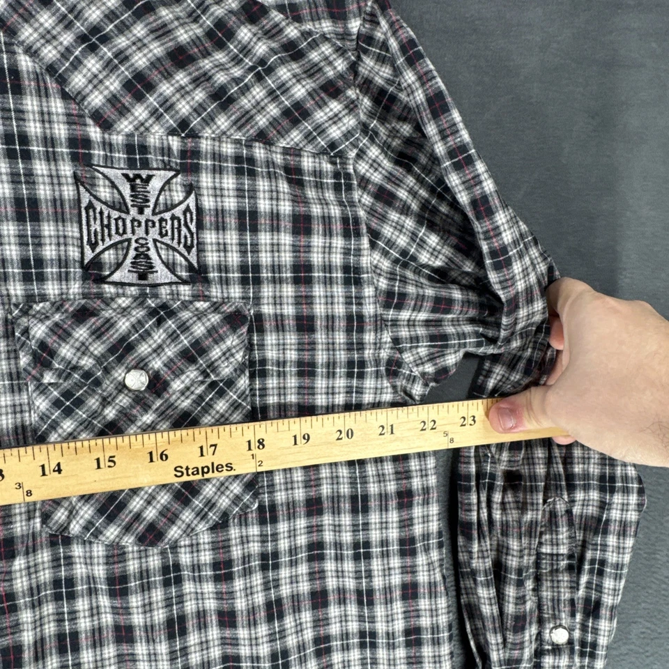 West Coast Choppers Jesse James 工作服珍珠扣法兰绒衬衫格子男式 M — 第 4/4 张图片