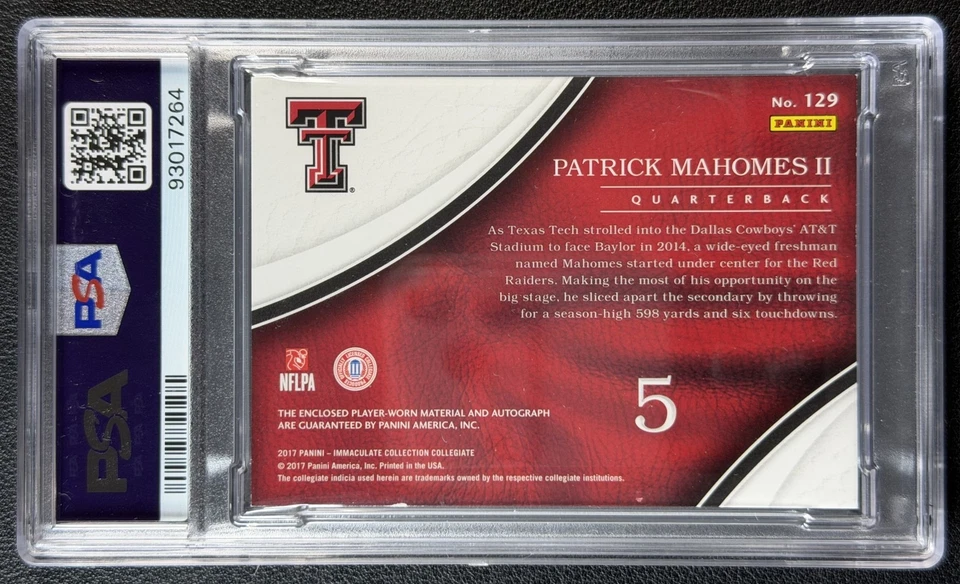 PATRICK MAHOMES II PSA 2017 IMMACULATE COLLEGIATE PREMIUM PATCH ROOKIE AUTO /99 - Image 2 of 2
