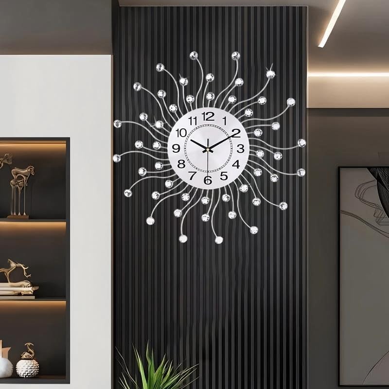 20 Inch Crystal Sunburst Wall Clock Silent Metal Modern Art