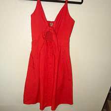 MS Red Solid V-Neck Spaghetti Strap Button Front Bow A-Line Midi Dress S