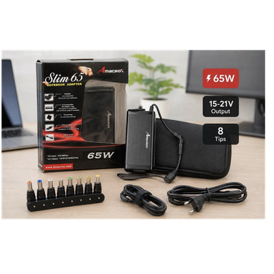 Amacrox Slim 65W Universal Notebook Netzteil, 15 21V, 8 Adapter, Schwarz, Tasche
