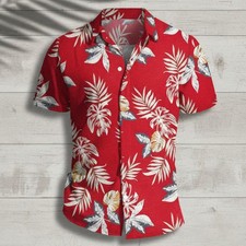 Men's Red Floral Hawaiian Shirt Short Sleeve Button Up Tropical