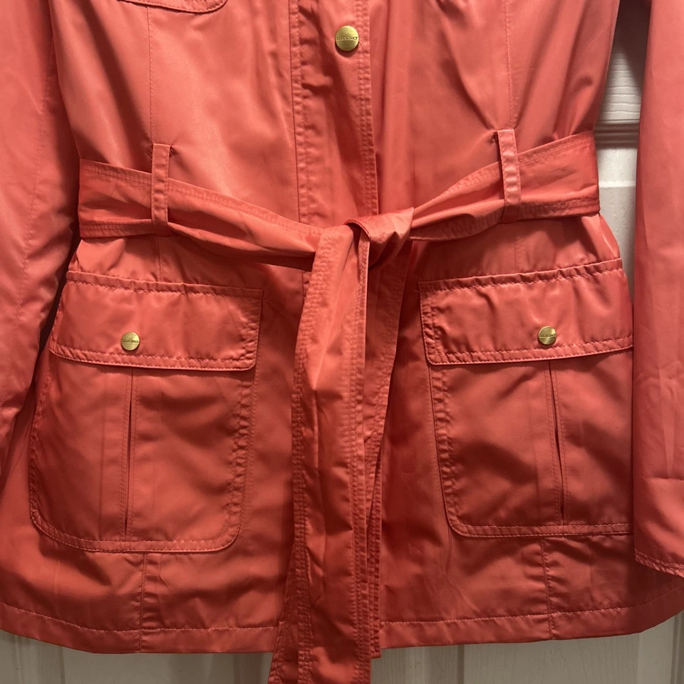 Ellen Tracy Rain Jacket Womens Medium Classic Belted Trench Coat Hidden Hood Zip - Image 3 of 4