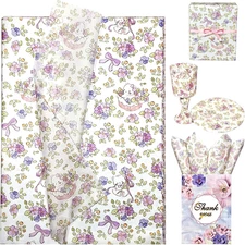 Floral Tissue Paper, Cute Cat and Purple Blossom Print, 30 Sheets, 20"x14", Flow