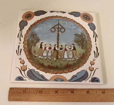 Vtg Bergquist Imports Ceramic Folk Art TileTrivet Wall Hanging May Pole 6 X 6 In