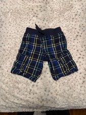 Gymboree Boys Navy Blue and Green Plaid Pull-On Cargo Shorts