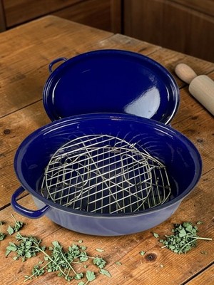 Vintage Cobalt Blue Enamelware Oval Roasting Pan Covered Roaster w 2 Wire Racks