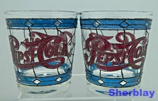 2 Vintage PEPSI COLA Drinking Glasses Stained 70s Bar Glass 3 3/4"