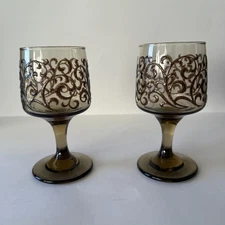 Vintage Pair 1970's Libby Prado Empire Scroll Wine Glasses Smoked Glass Stemware