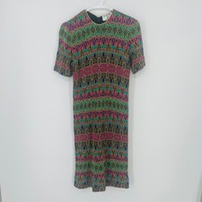 Mary McFadden Knits Vintage Metallic Geometric Intarsia Midi Dress size S USA