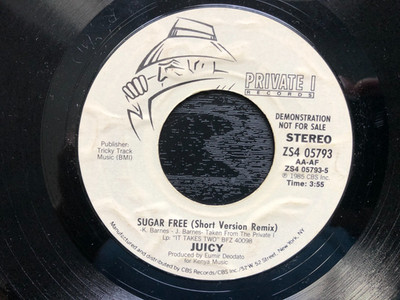 Juicy SUGAR FREE 1985 Private PROMOTIONAL 45 rpm single VG++ Long/Short Versions