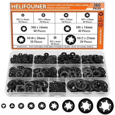 360 PCS 9 Sizes Internal Tooth Star Lock Washers Push Nuts Fastener Kit