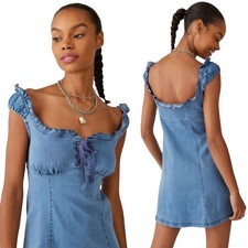 Urban Outfitters Nayda Denim Mini Dress Lace Up Sweetheart Neckline Blue Large