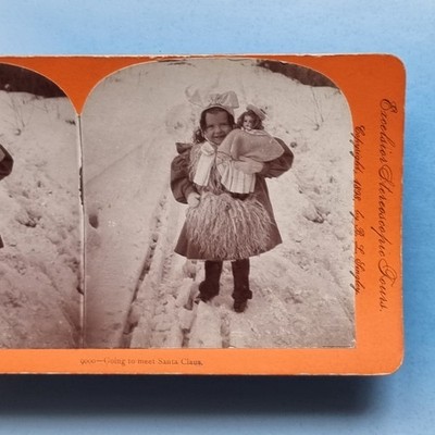 Stereoview Karte 3D Echtfoto um 1895 viktorianisches Mädchen Schneeszene Santa Biaque Puppe