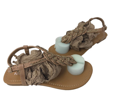 Nine West Women's Promise Slingback Leather Flip Flops Brown/Gold Size:5.5 112M