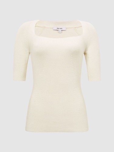 REISS Tina Square Neck Ribbed Top Blouse in Cream - Picture 5 of 6