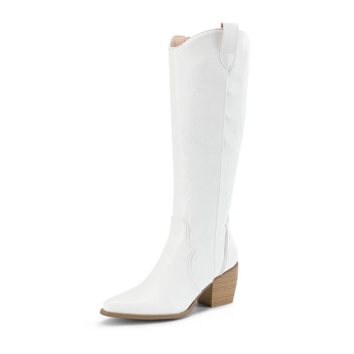 Women Western Cowboy Boots Low Heel Pointed Toe Retro Knee High Boots Tall Boots - Picture 12 of 13