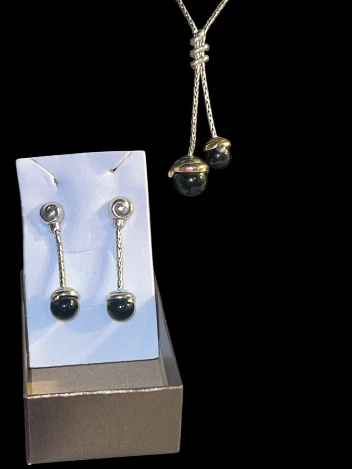 "Auténtico collar y pendientes Brighton negro cereza plata placa de colección ónix 18"" 2""" Foto 3 de 4