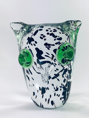 Kalmar Sweden Hand Blown Glass Owl Figurine Paperweight Clear with Black Specks