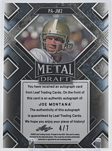 💥JOE MONTANA AUTO💥2022 LEAF METAL DRAFT RED/WHITE/BLUE WAVE AUTO💥LE #4/7🔥🔥 - Picture 3 of 4