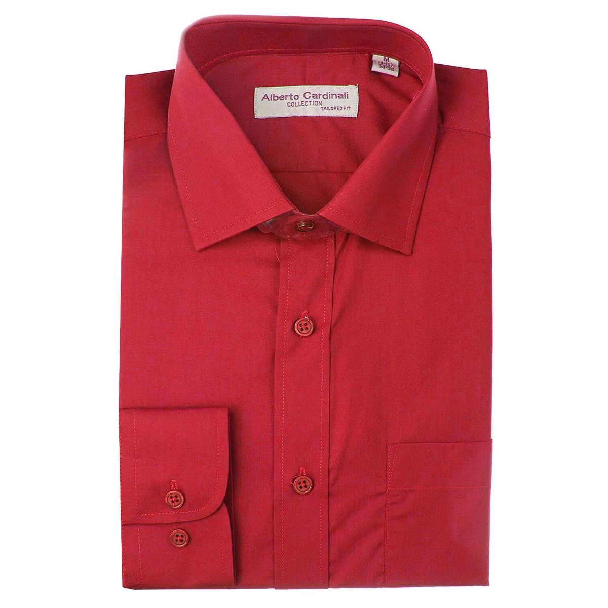 walmart red dress shirt Dress Shirt for Men Long Sleeve Button Down Solid Color Stretch Wrinkle  Free Business Casual Tops Red M