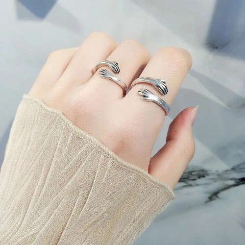 925 Sterling Silver Hug Love Ring - Adjustable Open Band Jewelry Gift Women - Picture 4 of 5