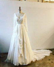 Chiffon fabric A-line Wedding Dress with Long Sleeves and Pleats Train Included