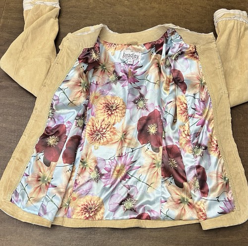 Bradley Bayou Suede Yellow Mustard Leather Jacket Sz L Floral Lining Zip Front - Picture 9 of 13