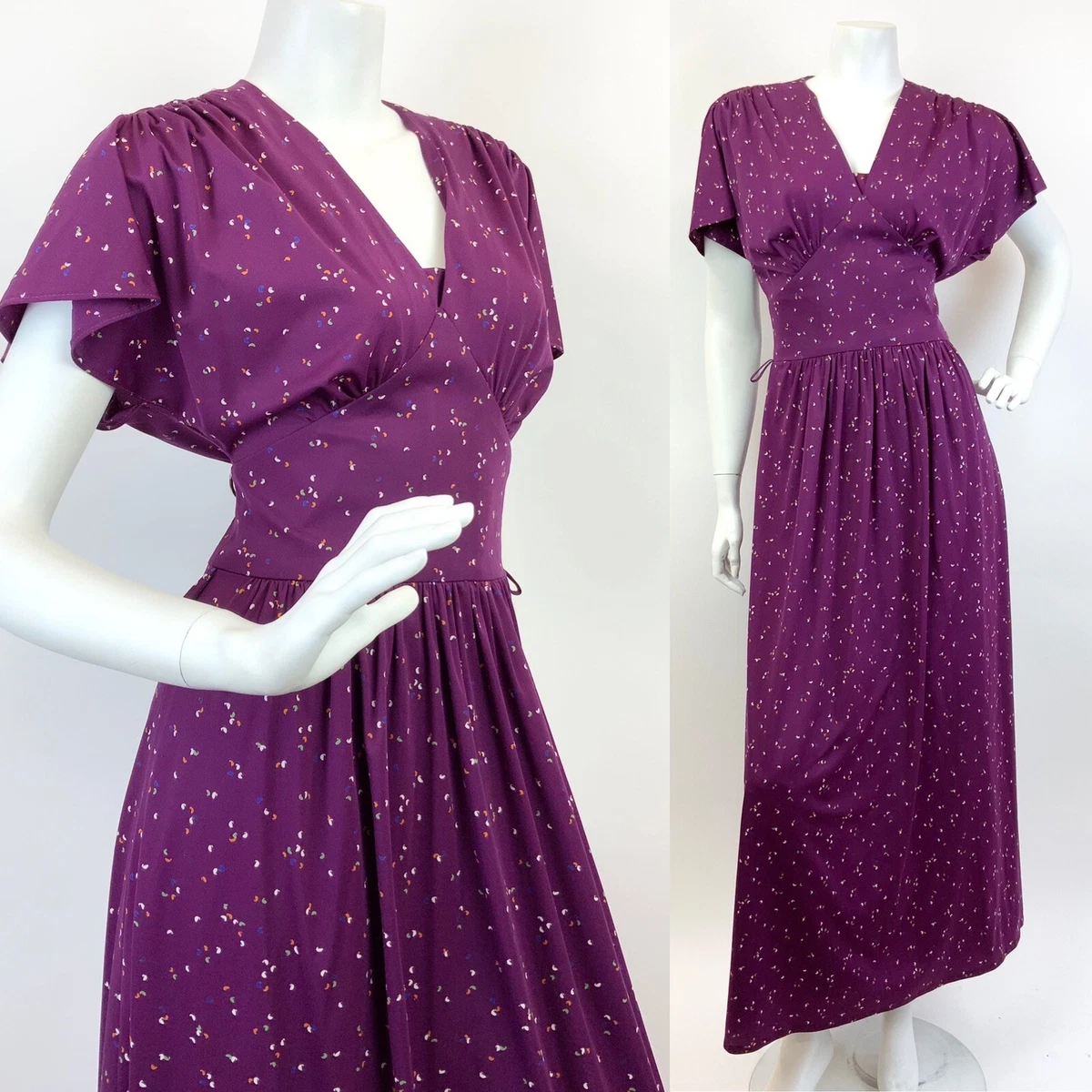 VINTAGE 60s 70s PLUM PURPLE BLUE GREEN SPECKLED FLUTTER SLEEVE