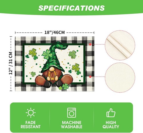 Artoid Mode Buffalo Plaid Gnome Shamrock St. Patrick's Day Placemats Set of 4, 1 - Picture 6 of 7
