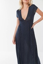 Urban Outfitters Dallas Plunging V-Neck Midi Dress Small Navy Blue Polka Dots