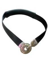 CHICO  S Black Leather Mandala Silver Gold Hook Buckle ADJUSTABLE Ladies Belt M/L