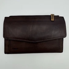 Fossil Flap Front Checkbook Wallet Dark Brown Leather 7.5/5 Inch Back Pocket