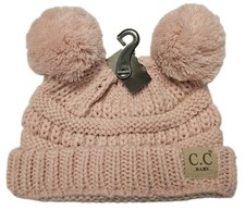 C.C Kids' Babies' Soft Stretch Cable Knit Faux Fur Pom Pom Beanie Hat Pink