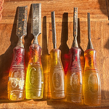 Vintage Marples Woodworking Chisels Set of 5 Sheffield England Amber Handles