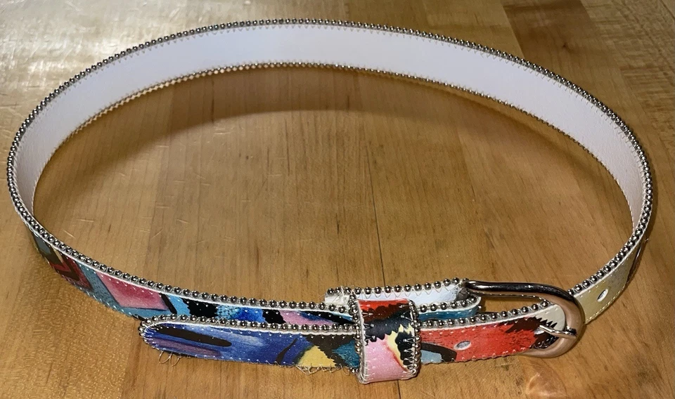 Cinturón Mujer Vintage Años 80 Abstracto Retro Mod Cuero Hippie Artístico Cuentas Tachuelas Foto 2 de 4