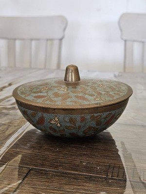Vintage Brass Round Tin With Lid With Leaf Design Enamel