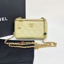 Auth Chanel Vanity Case Mini Light Yellow Quilted Lambskin Gold Chain Crossbody