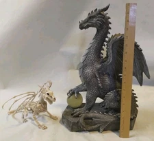 18in Tall Dragon Statue With Glowing Crystal & Skeletal Dragon