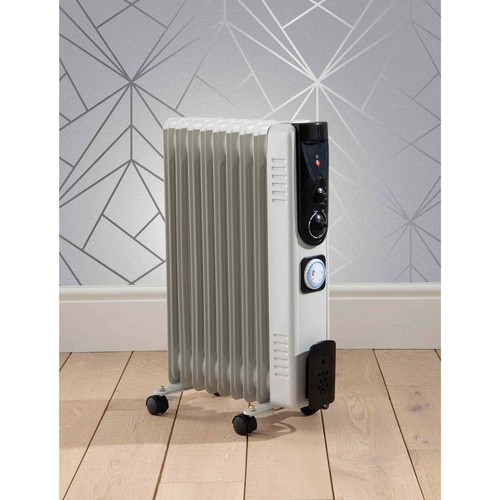 Fine Elements 2kW Oil Filled Radiator Heater 9 Fin Timer Thermostat White