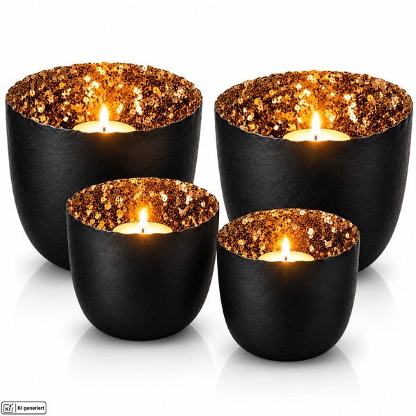 Teelichthalter 4Er Set Windlichter Pailletten Gold Schwarz Tischdeko Metall-image