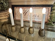 4 Vintage Brass Pineapple Candlesticks Electric Window Candle Nightlight Set