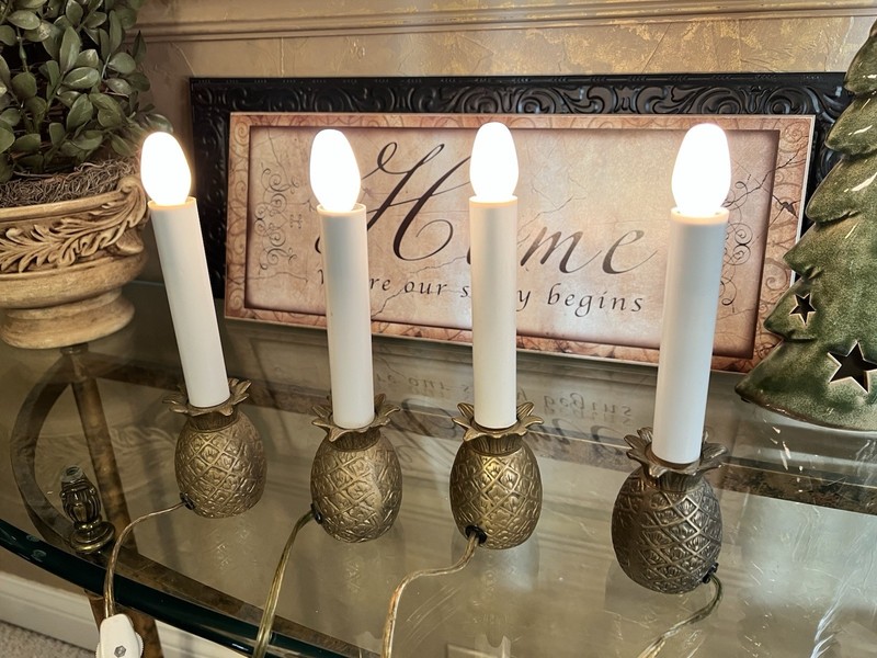 4 Vintage Brass Pineapple Candlesticks Electric Window Candle Nightlight Set