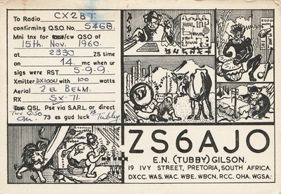 1960 QSL: ZS6AJO   E.N. (Tubby) Gilson   19 Ivy Street   Pretoria, South Africa