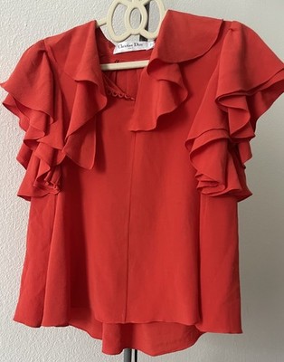 Christian Dior Damenbluse Seide rot Rüschen Knopf Kurzarm Gr. 38 Basic